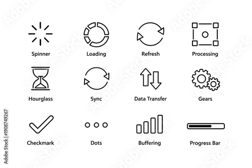 Loading and sync icons: spinner, hourglass, arrows, gears, checkmark, progress bar