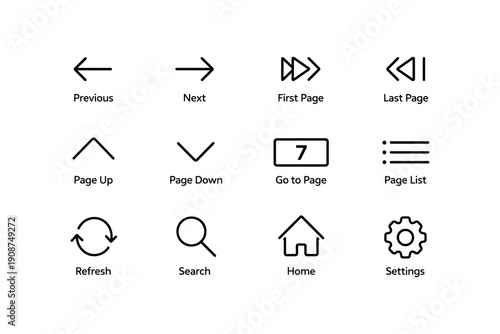 Navigation icon set: arrows, pages, search, home, settings symbols
