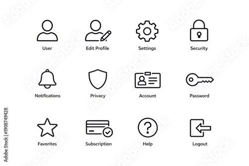 User interface icons: account, security, notifications, privacy, logout