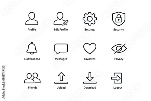 User interface icons: profile, security, notifications, and more