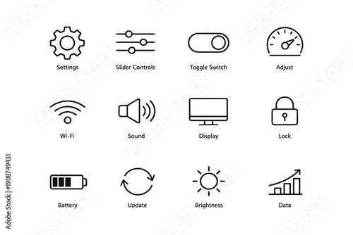 Settings and controls icons: slider, toggle, wi-fi, sound, display