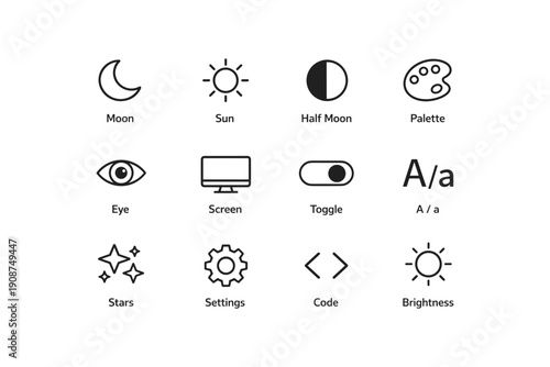 Minimalist icon set featuring moon sun eye screen and settings
