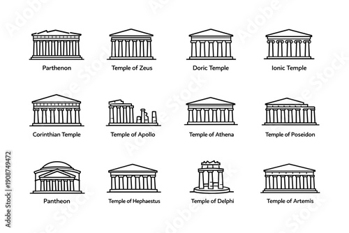 Collection of ancient greek temple icons - parthenon, doric, ionic, corinthian