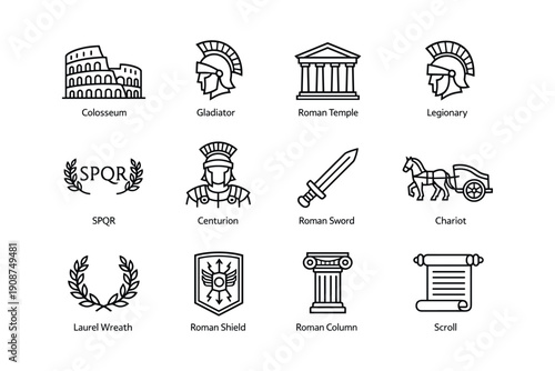 Ancient rome icons: colosseum, gladiator, roman temple, legionary, spqr, centurion, sword, chariot, laurel, shield, column, scroll