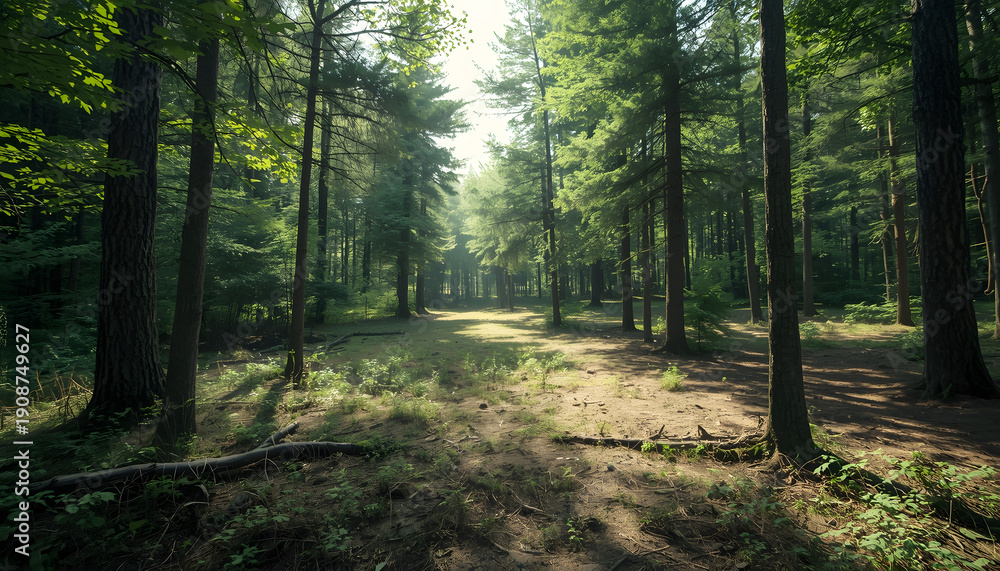Fototapeta premium Forest clearing where trees naturally frame the scene, open light-filled center, realistic depth.