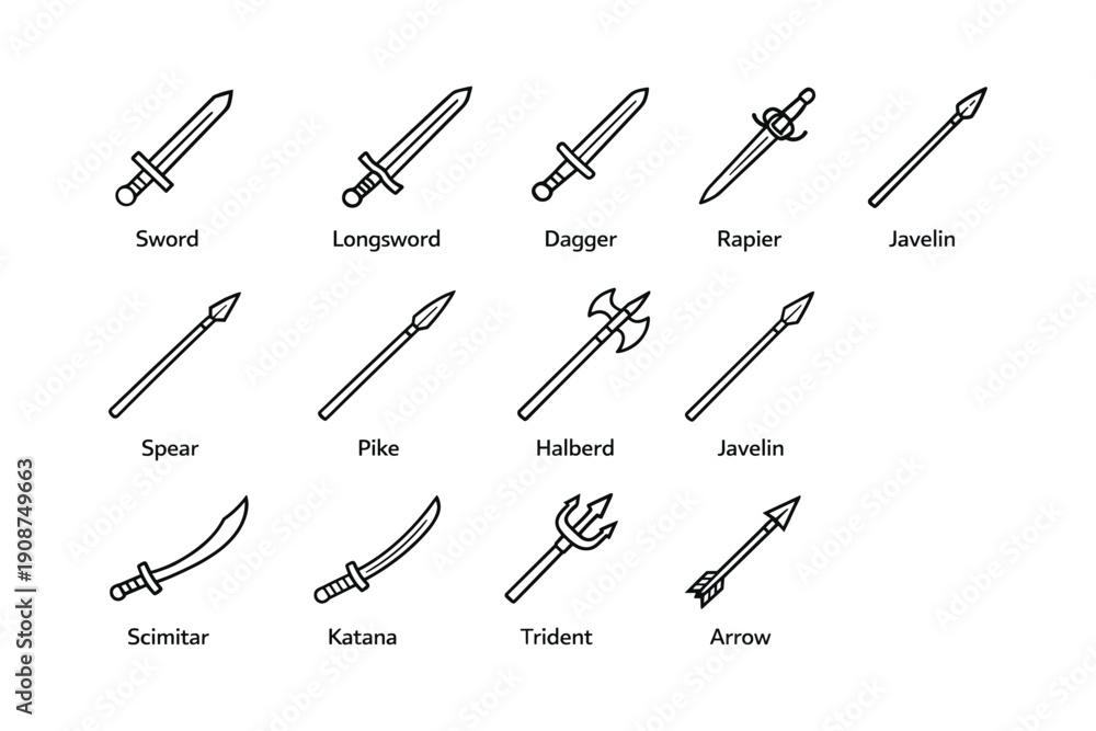 Naklejka premium Medieval and ancient weapon icons: sword, dagger, halberd, trident, javelin, scimitar