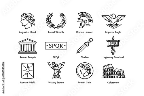 Historic roman icon set: helmet, eagle, colosseum, gladius, wreath, coin, shield, temple
