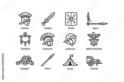 Ancient roman military icons: helmet, gladius, shield, spear, centurion, legionary, chariot, camp