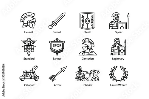 Ancient roman military symbols and equipment icons set