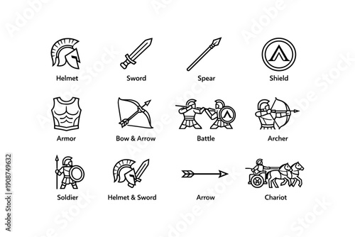 Ancient warfare icons: helmet, sword, spear, shield, armor, archer, soldier, chariot