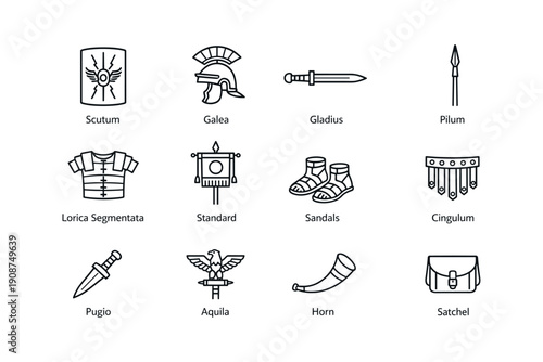 Ancient roman military equipment icons - scutum, galea, gladius, and more