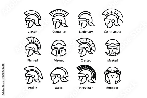 Ancient roman helmets icon set: classic, centurion, legionary, commander designs