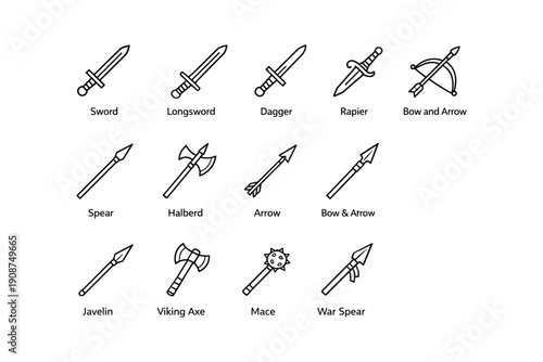 Collection of medieval weapons: swords, axe, spear, and bow arrows