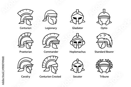 Roman helmet icons collection: centurion, legionary, gladiator, optio, praetorian
