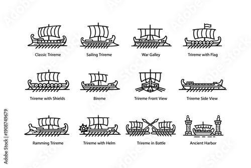 Illustrated collection of ancient triremes and warships