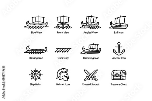 Ancient ship icons set with nautical and historical elements