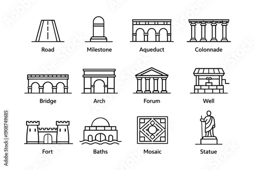 Ancient roman architecture icons: road, aqueduct, colonnade, and more
