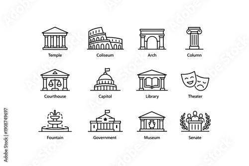 Icon set of historic landmarks: temple, coliseum, arch, column, courthouse