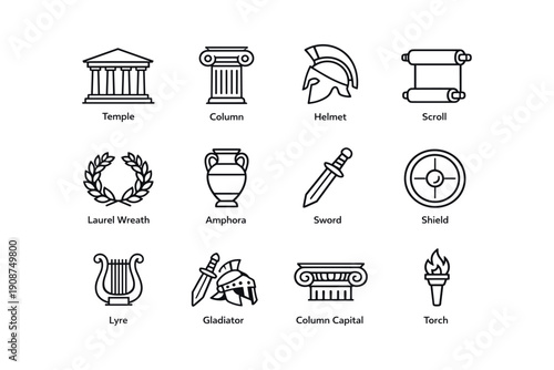 Ancient greek symbols: temple, column, helmet, scroll, and more