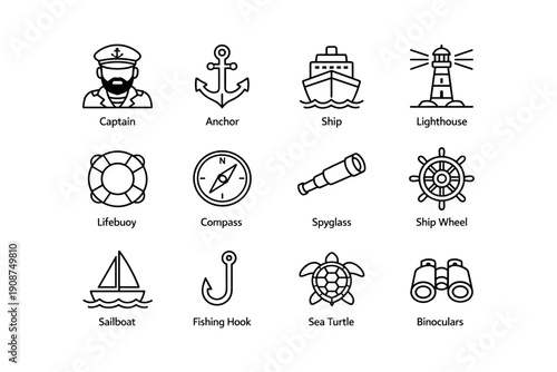 Nautical icons collection featuring captain, ship, lighthouse, compass, and more