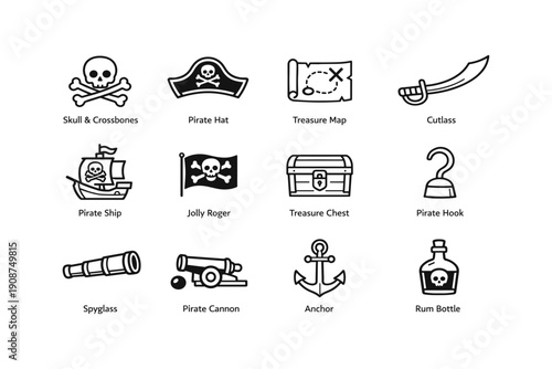 Pirate symbols and icons: skull, hat, map, sword, ship, flag, chest, hook, telescope, cannon, anchor, bottle