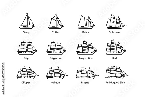 Illustration of twelve classic sailing ship types with easy labeling