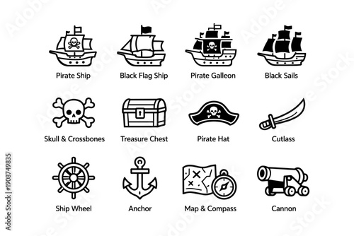 Pirate icons: ships, treasure, and nautical symbols in black and white