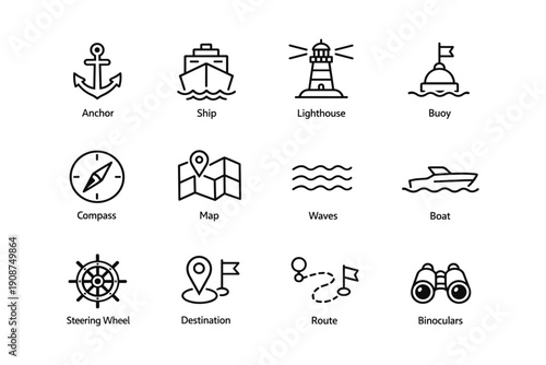 Nautical icon set: anchor, ship, lighthouse, buoy, compass, map, waves, boat, steering wheel, destination, route, binoculars