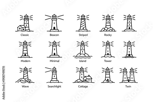 Set of 15 minimalist lighthouse icons in various designs and styles