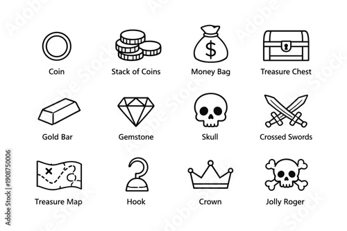 Pirate icons set: coins, treasure chest, gemstone, skull, crossed swords