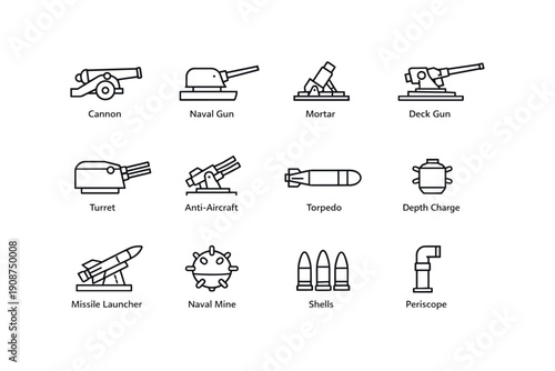 Navy weapon icons: cannon, naval gun, mortar, turret, torpedo, missile, periscope