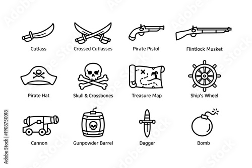 Pirate icon set: weapons, accessories, and maps