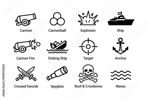 Nautical icons set: cannons, ships, anchors, and more