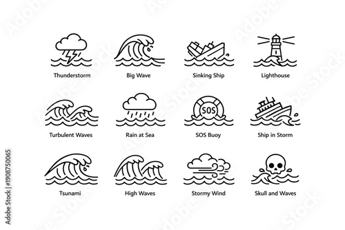 Nautical danger icons: thunderstorm, waves, sinking ship, lighthouse, tsunami, stormy wind, sos