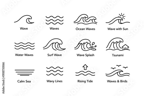 Wave and ocean icons set including tsunami and surf waves with calm sea and rising tide symbols