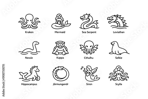 Mythical creatures collection: sea serpent, kraken, mermaid, nessie, leviathan, cthulhu
