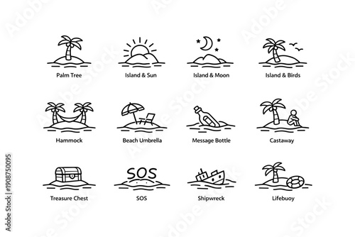 Island icons: palm trees, sun, moon, birds, hammock, beach, message, castaway, treasure, sos, shipwreck, lifebuoy