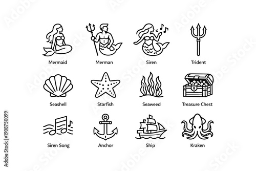 Nautical icon set featuring mermaids, siren, kraken, and maritime symbols