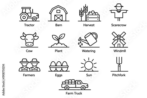 Farming symbols set with tractor barn harvest sun scarecrow plant