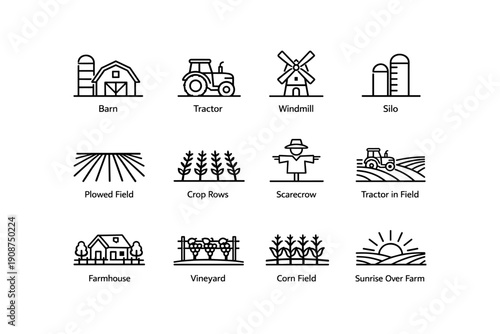 Farm icon set: barn, tractor, windmill, silo, field, and more