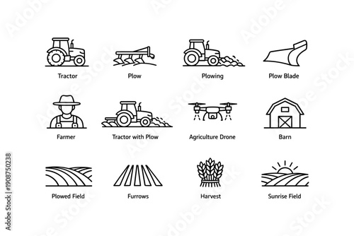 Farming equipment icons: tractor, plow, drone, barn, harvest, field