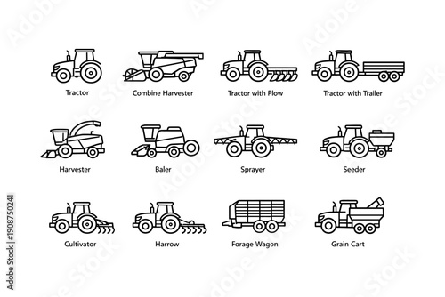 Agricultural machinery icons: tractor, harvester, baler, sprayer, seeder