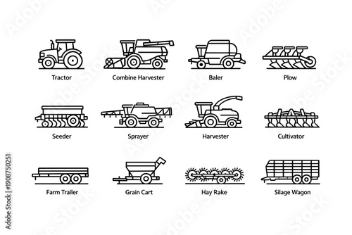 Agricultural machinery icons: tractor, harvester, plow, seeder, sprayer, baler, cultivator, trailer