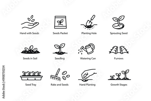 Gardening icons: seed to sprout – tools, techniques, and growth stages illustrated