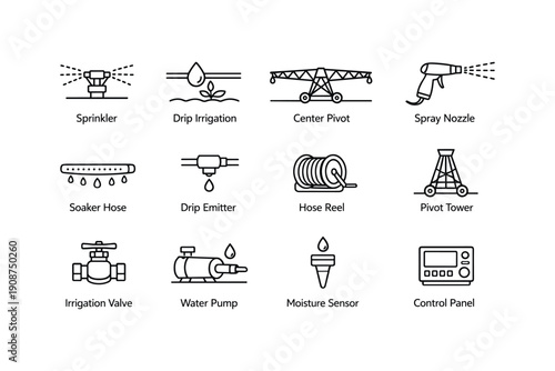 Agricultural irrigation systems icons: sprinkler, drip, pivot, and more
