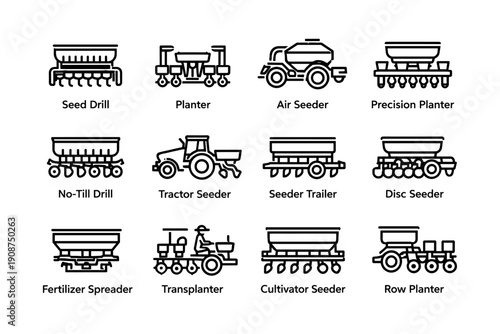 Agricultural machinery icons set featuring seed drill planter air seeder and more