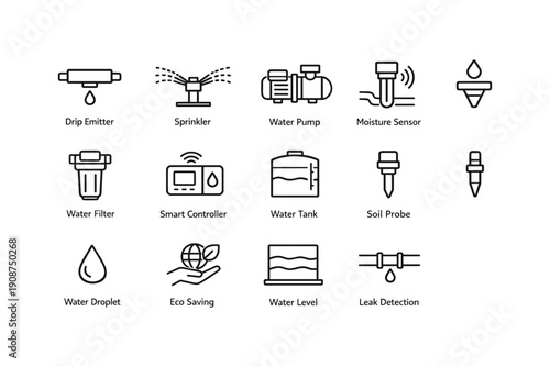 Smart irrigation icons: drip emitters, sprinklers, pumps, sensors, filters, controllers, tanks, probes, droplets