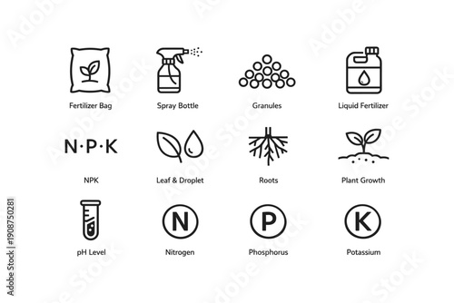 Fertilizer and gardening icons: bag, spray, granules, liquid, npk, plant growth, roots