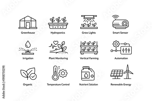 Smart farming icons: greenhouse, hydroponics, automation, renewable energy, monitoring