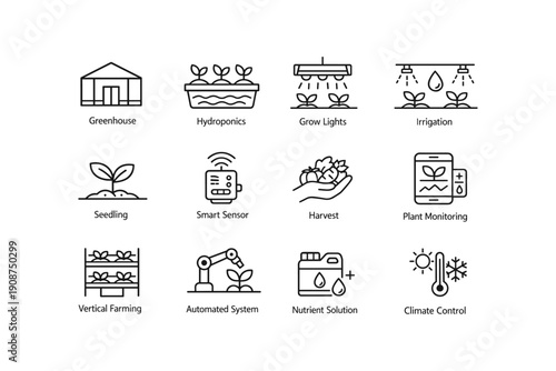 Urban farming icons: hydroponics, irrigation, and smart agriculture solutions